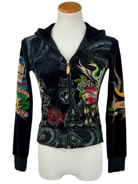 VTG Ed Hardy Black Velour Zip Up Tattoo Hoodie | McBling Indie Sleaze Trashy Y2K